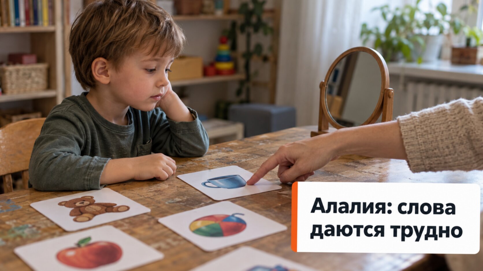 Алалия у детей: мальчик и мама рассматривают карточки с картинками на занятии
