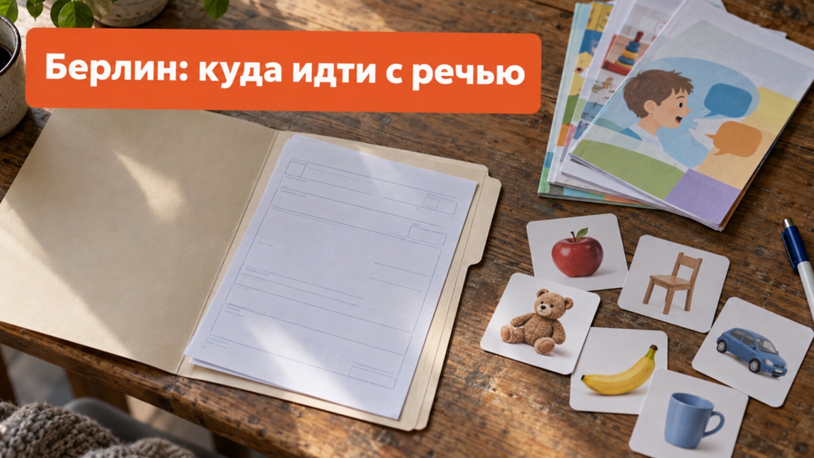 Берлин: папка с направлением, листовки и карточки на столе