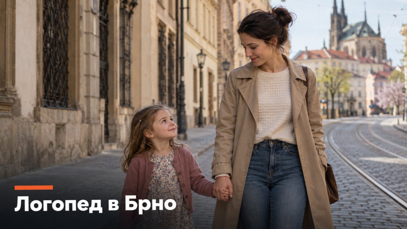 Русскоязычный логопед в Брно: мама с дочкой идут по центру города