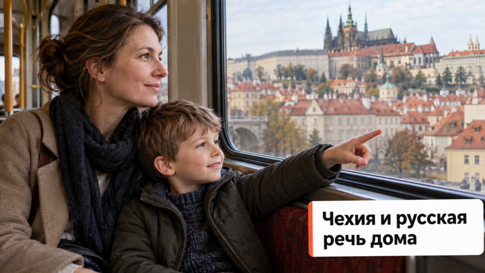 Русскоязычный логопед в Чехии: мама с сыном едут в трамвае по чешскому городу