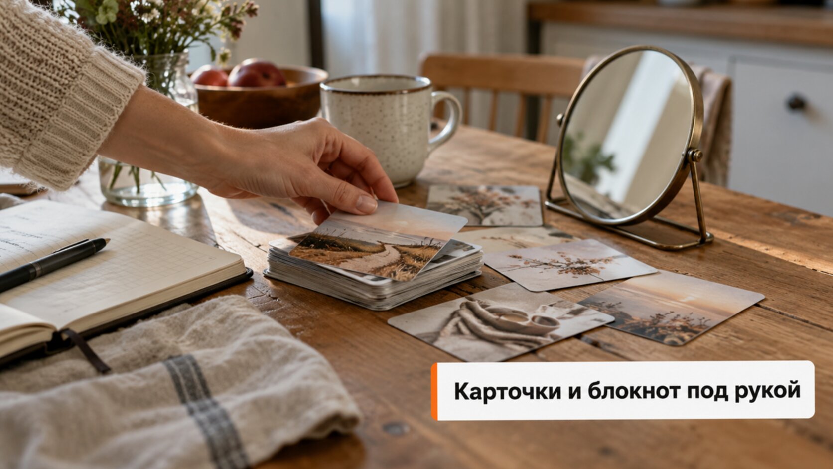 Логопедическая диагностика онлайн: карточки с картинками, зеркальце и блокнот на кухонном столе