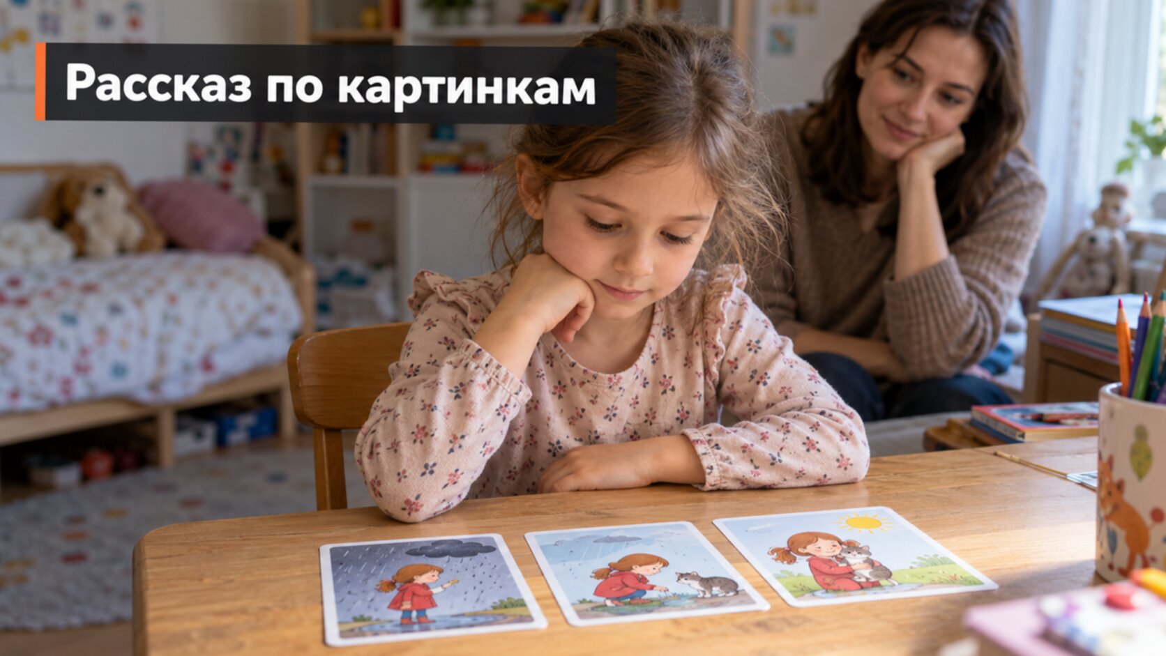 Оценка связной речи школьницы: девочка раскладывает три картинки и составляет рассказ