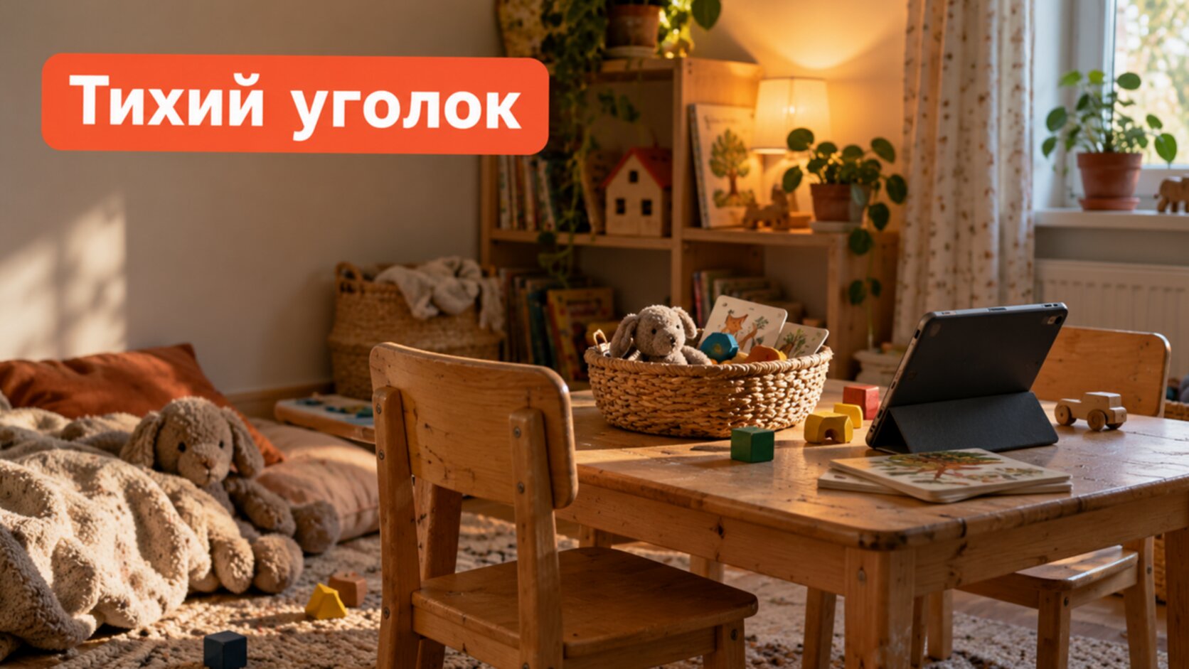 Тихий уголок для логопедической диагностики: стол, стулья, корзина с игрушками и карточками