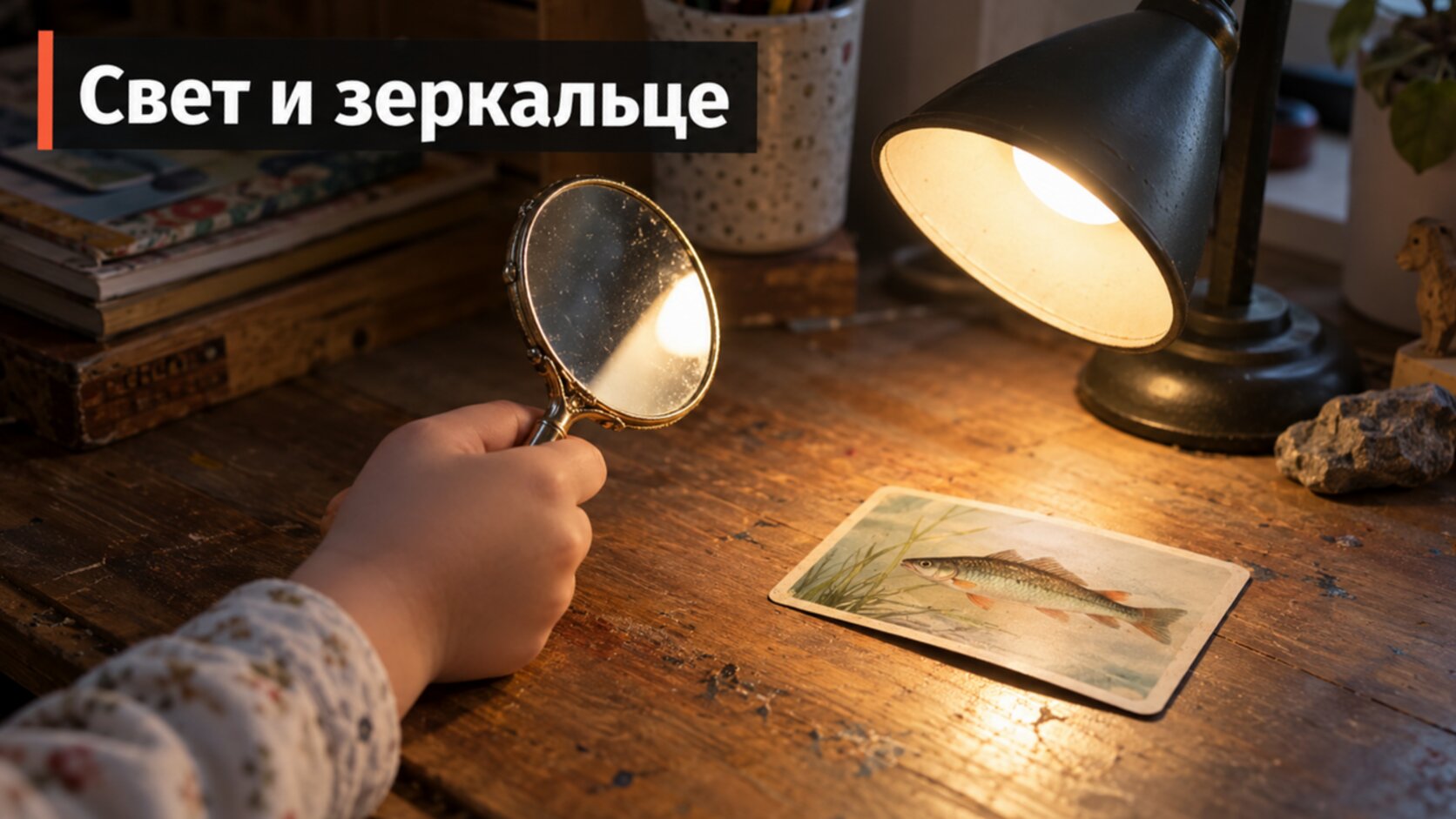 Подготовка к диагностике: детская рука с зеркальцем у настольной лампы, рядом карточка с рыбой