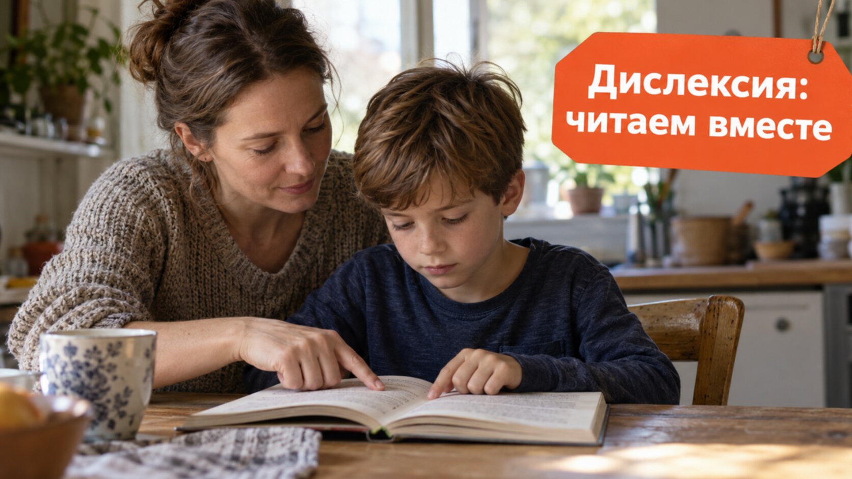Дислексия у детей: мама помогает мальчику читать по строчке