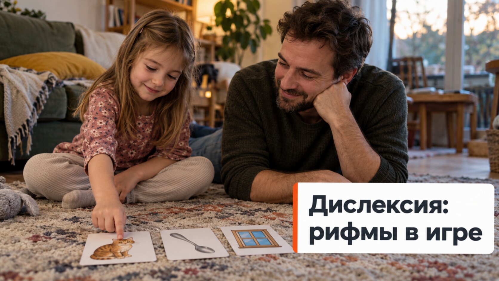 Дислексия у детей: папа играет с дочкой в рифмы по картинкам