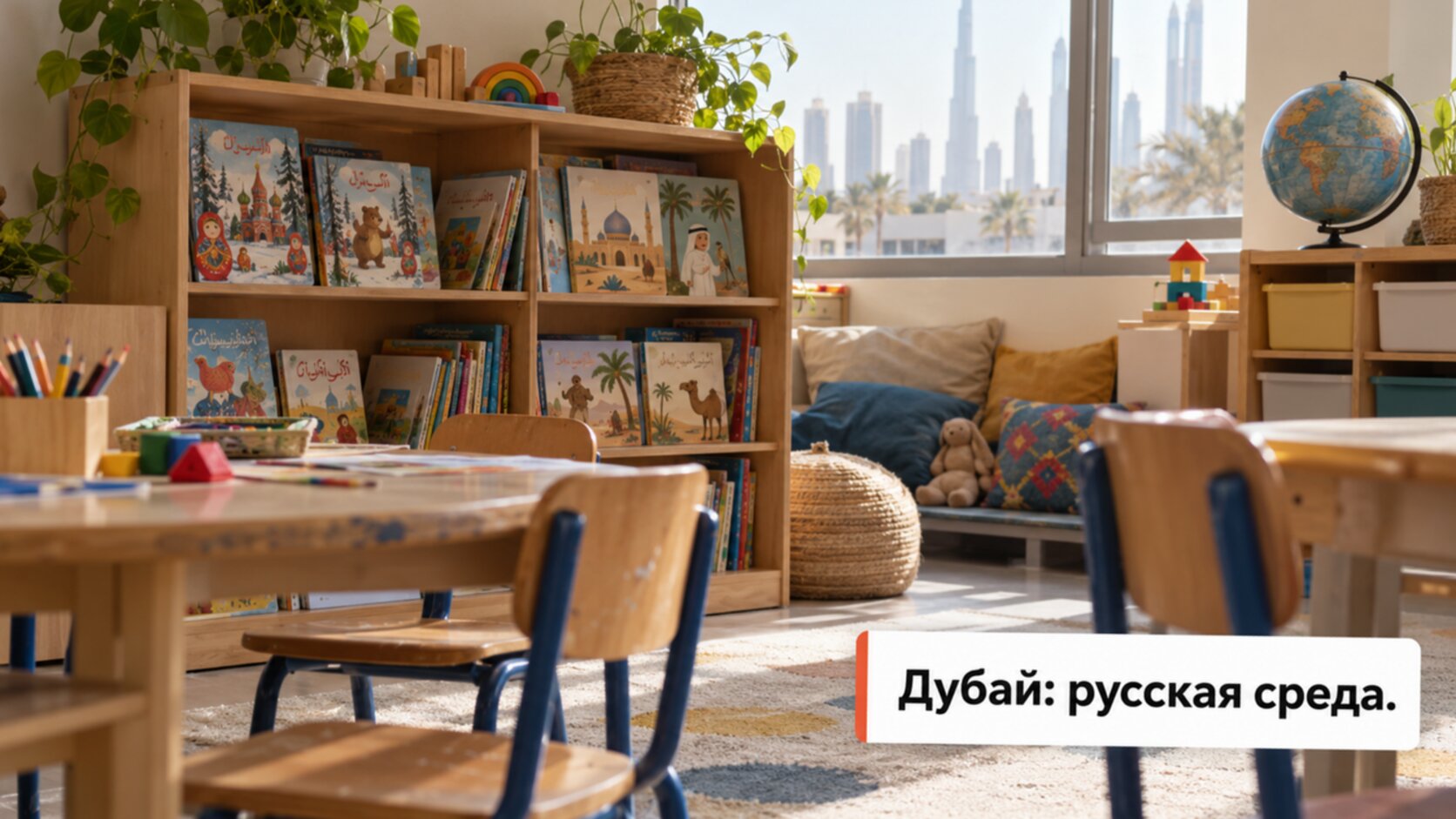 Детский класс с полкой книг на русском и арабском