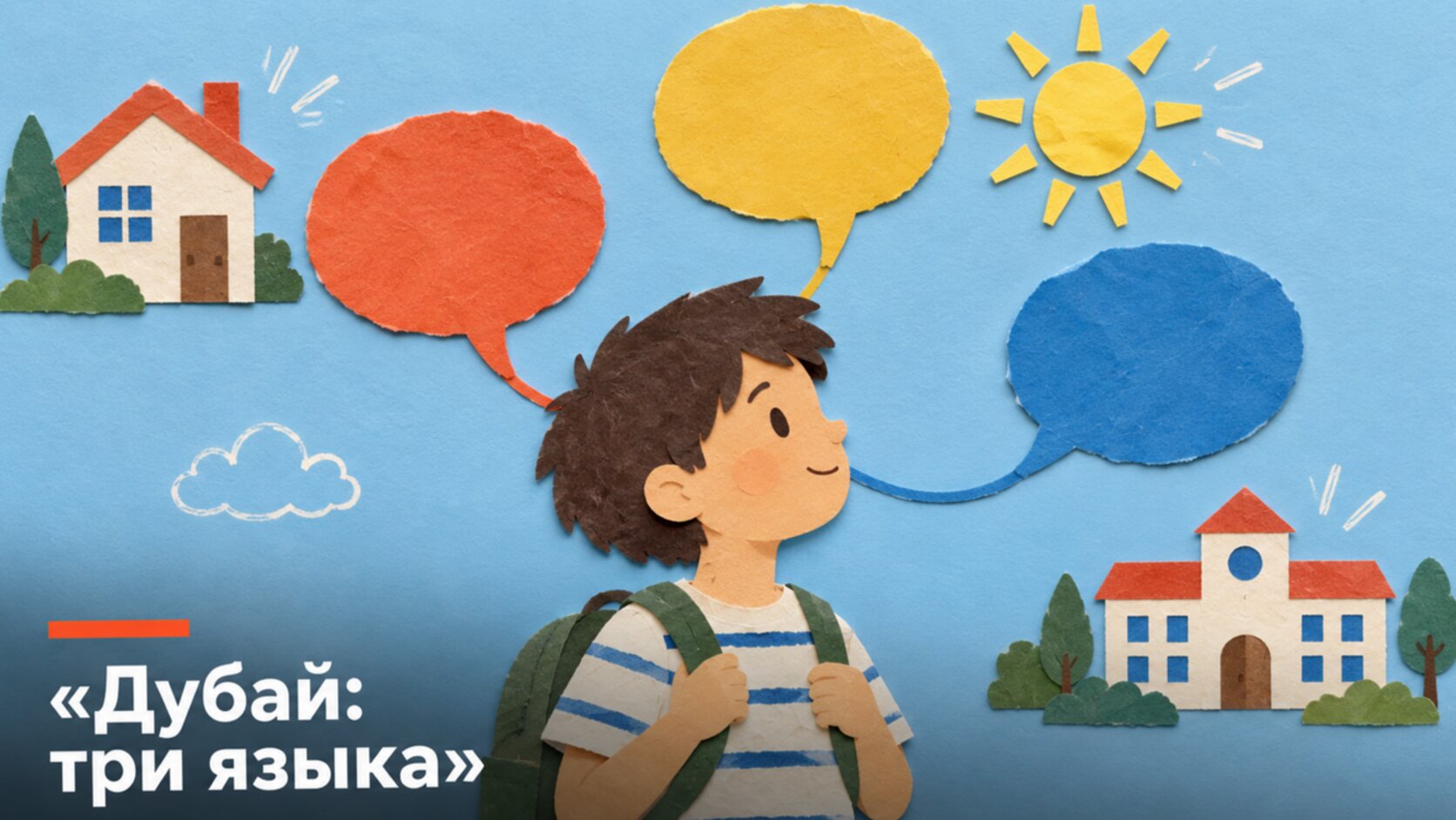 Коллаж: ребёнок и три разноцветных облачка речи