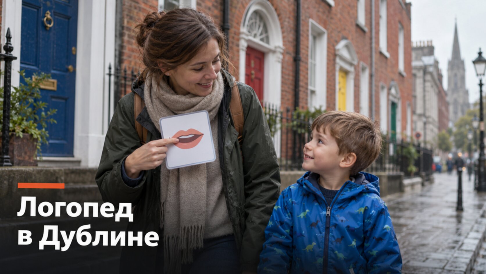 Русскоязычный логопед в Дублине: мама с сыном на улице с яркими дверями