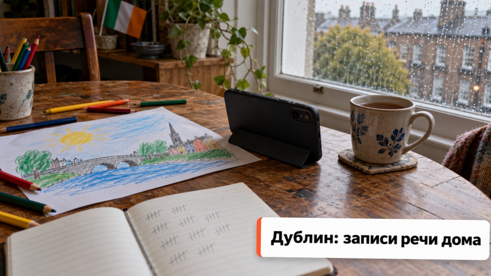Телефон и тетрадь для записей речи ребёнка у окна