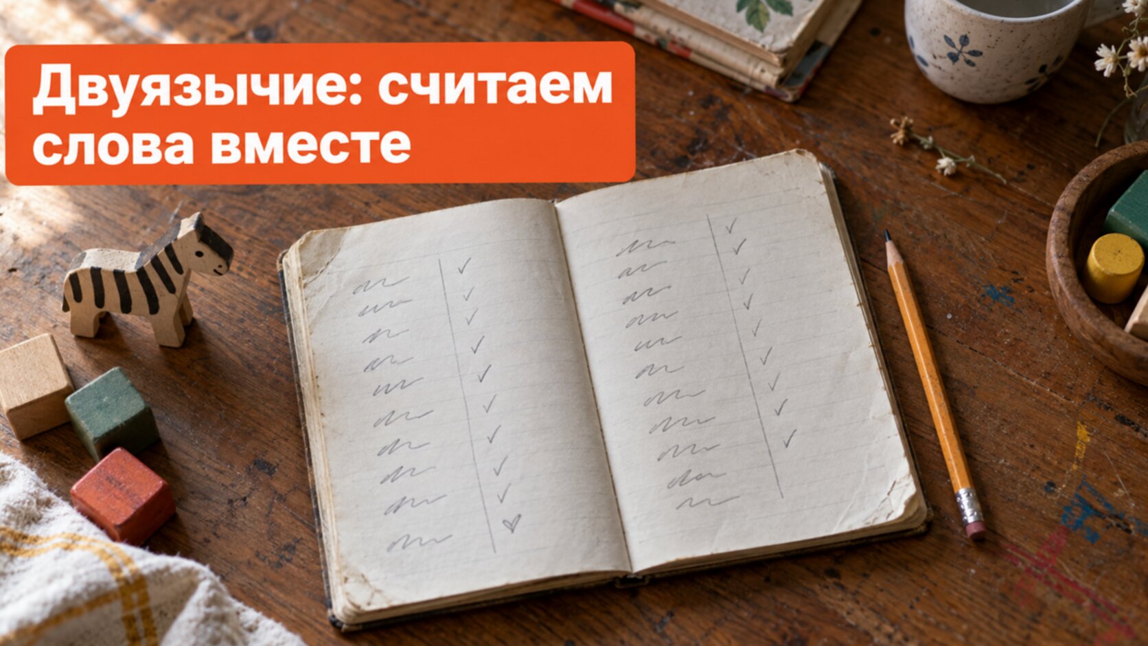 Блокнот с двумя колонками слов ребёнка на двух языках
