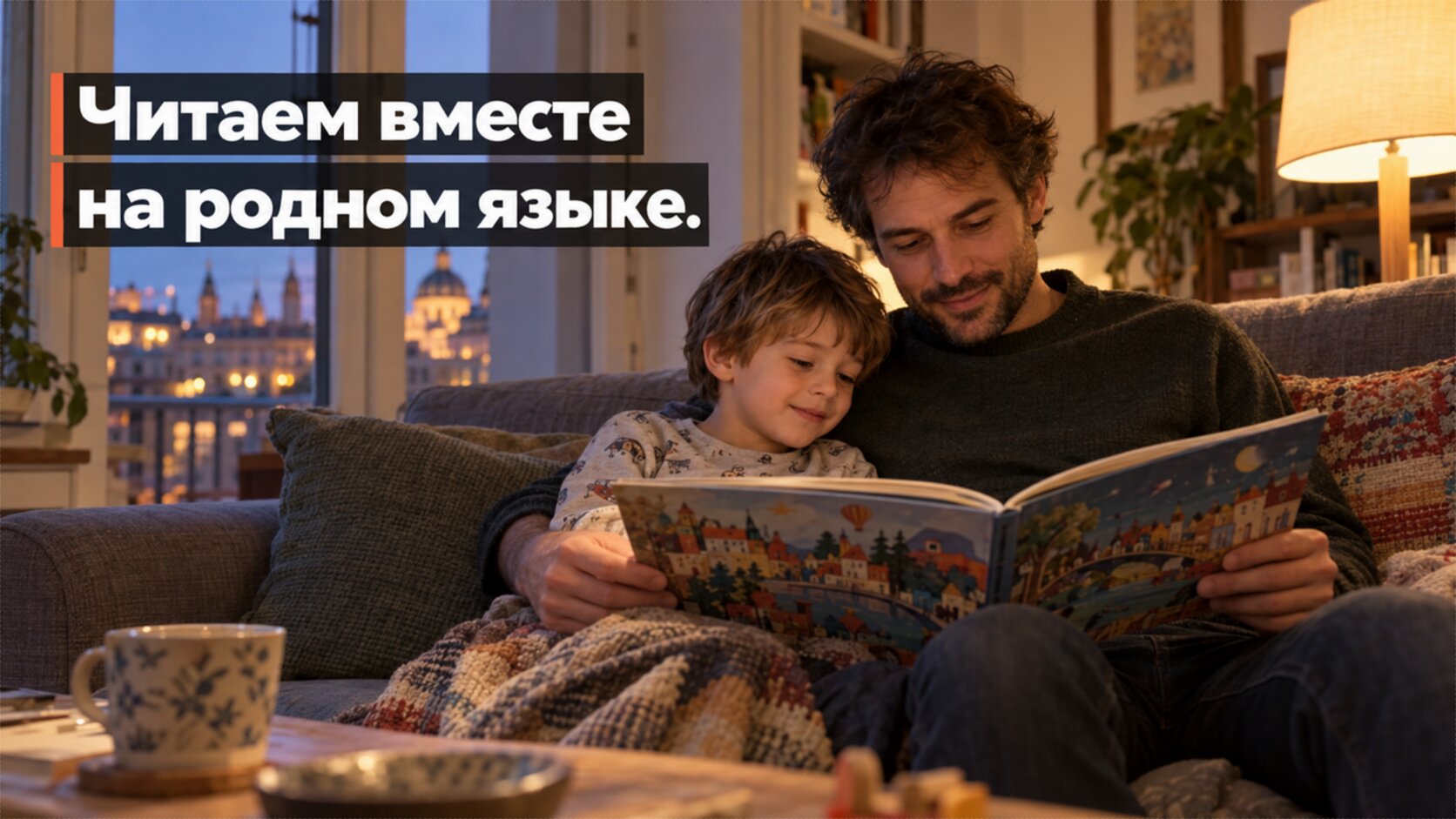 Логопед для двуязычных детей: папа с сыном читают книгу на родном языке