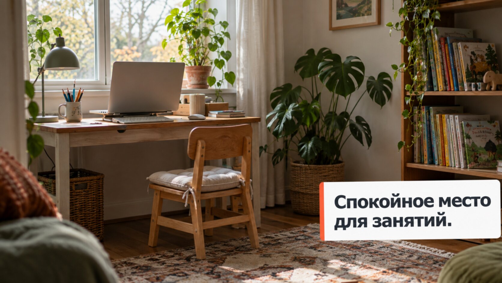 Эффективен ли логопед онлайн: уголок дома с ноутбуком на подставке и детским стулом