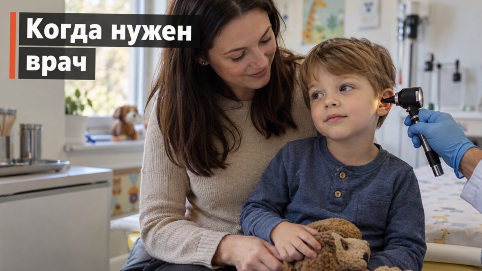 Когда нужен врач, а не логопед: педиатр осматривает ухо мальчика, мама держит его за руку