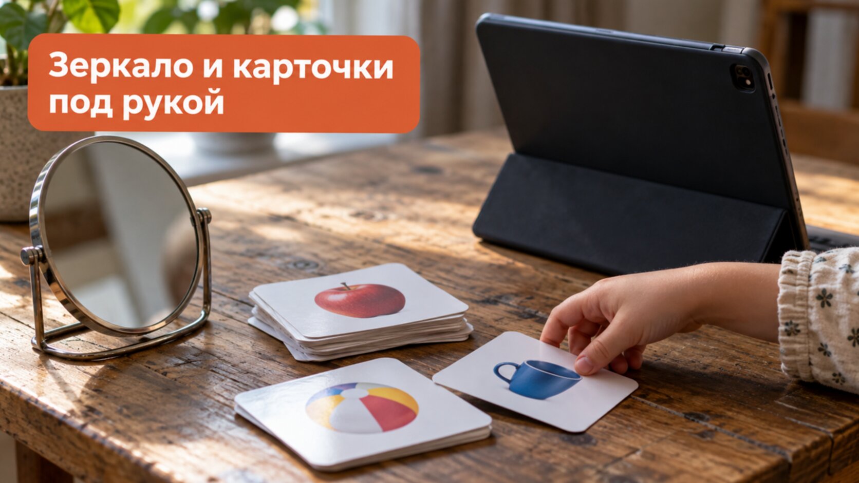 Онлайн-логопед и эффективность: детская рука берёт карточку рядом с зеркалом и планшетом