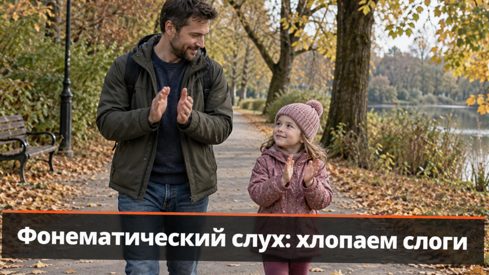 Фонематический слух, упражнения: папа с дочкой хлопают слова по слогам в парке