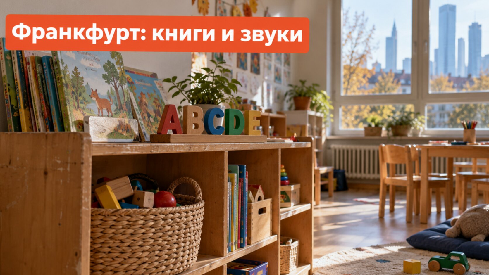 Полка в детском саду с книжками и деревянными буквами