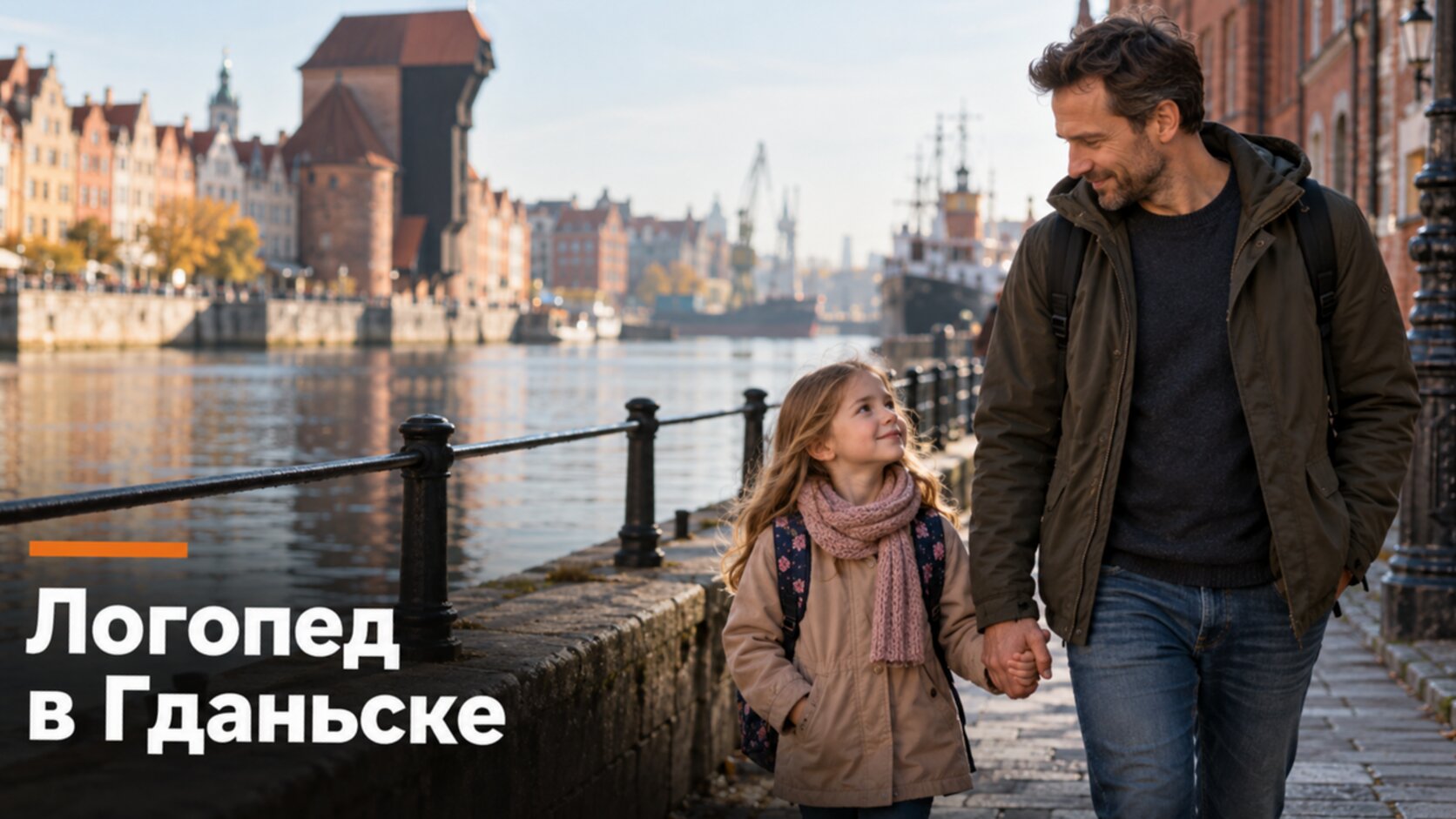 Русскоязычный логопед в Гданьске: папа с дочкой-школьницей идут по набережной