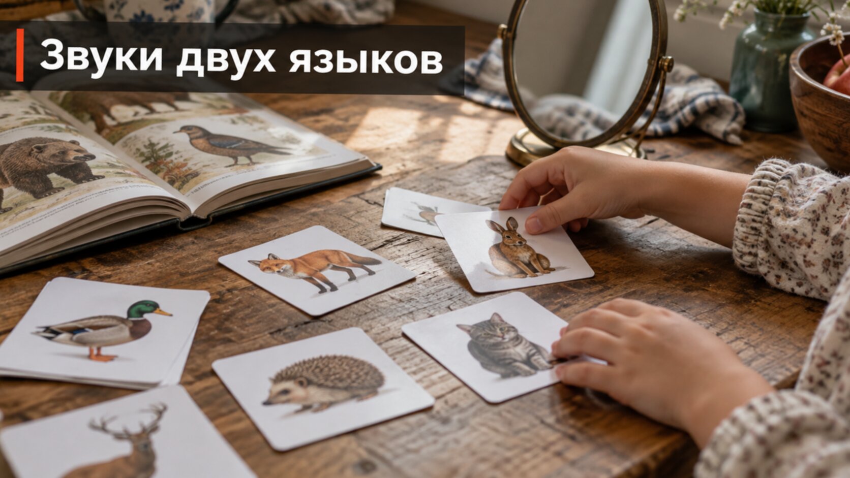 Двуязычие в Германии: ребёнок раскладывает карточки с животными перед зеркалом
