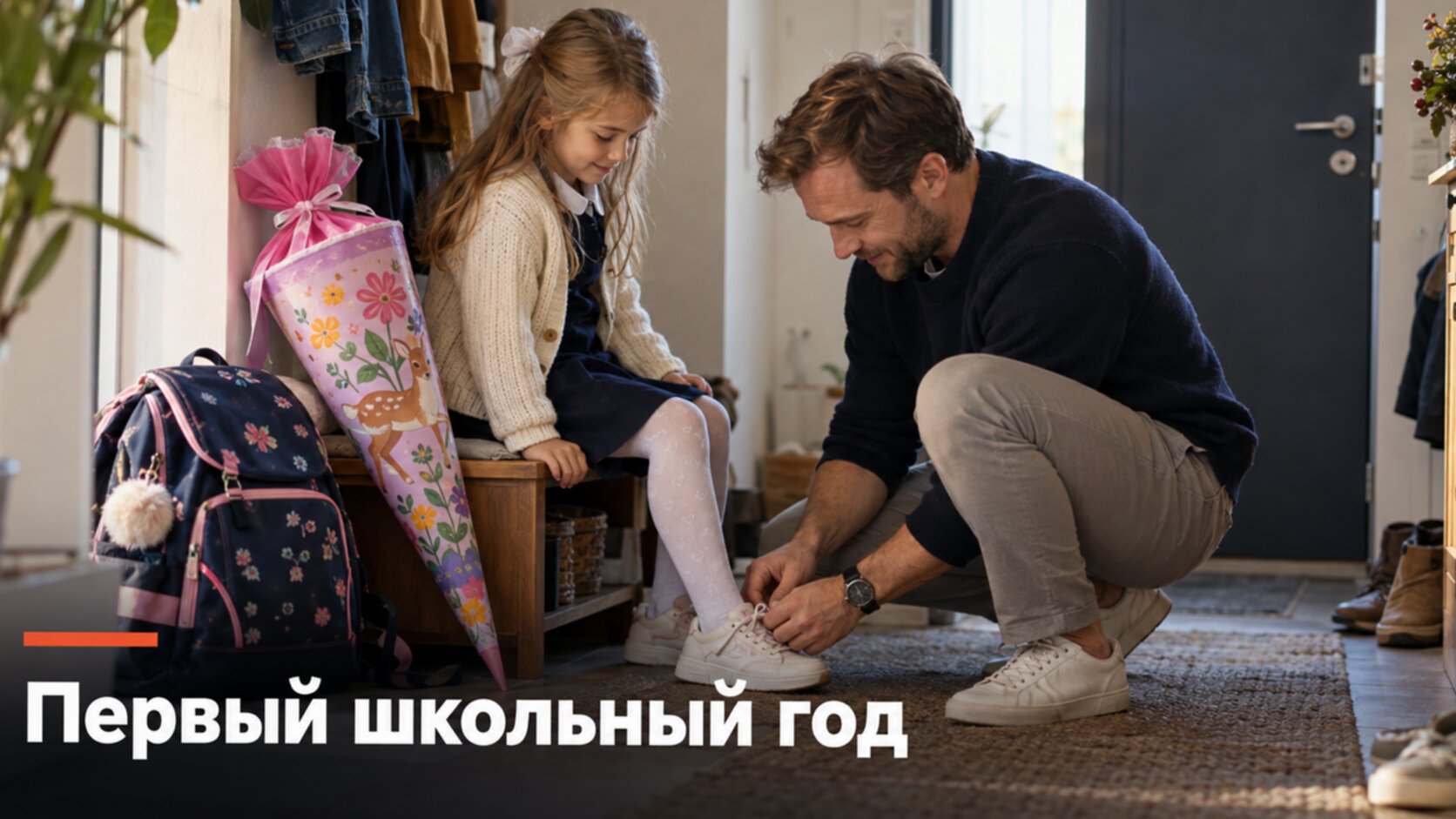 Школа в Германии: папа завязывает шнурки шестилетней дочке, рядом ранец и Schultüte