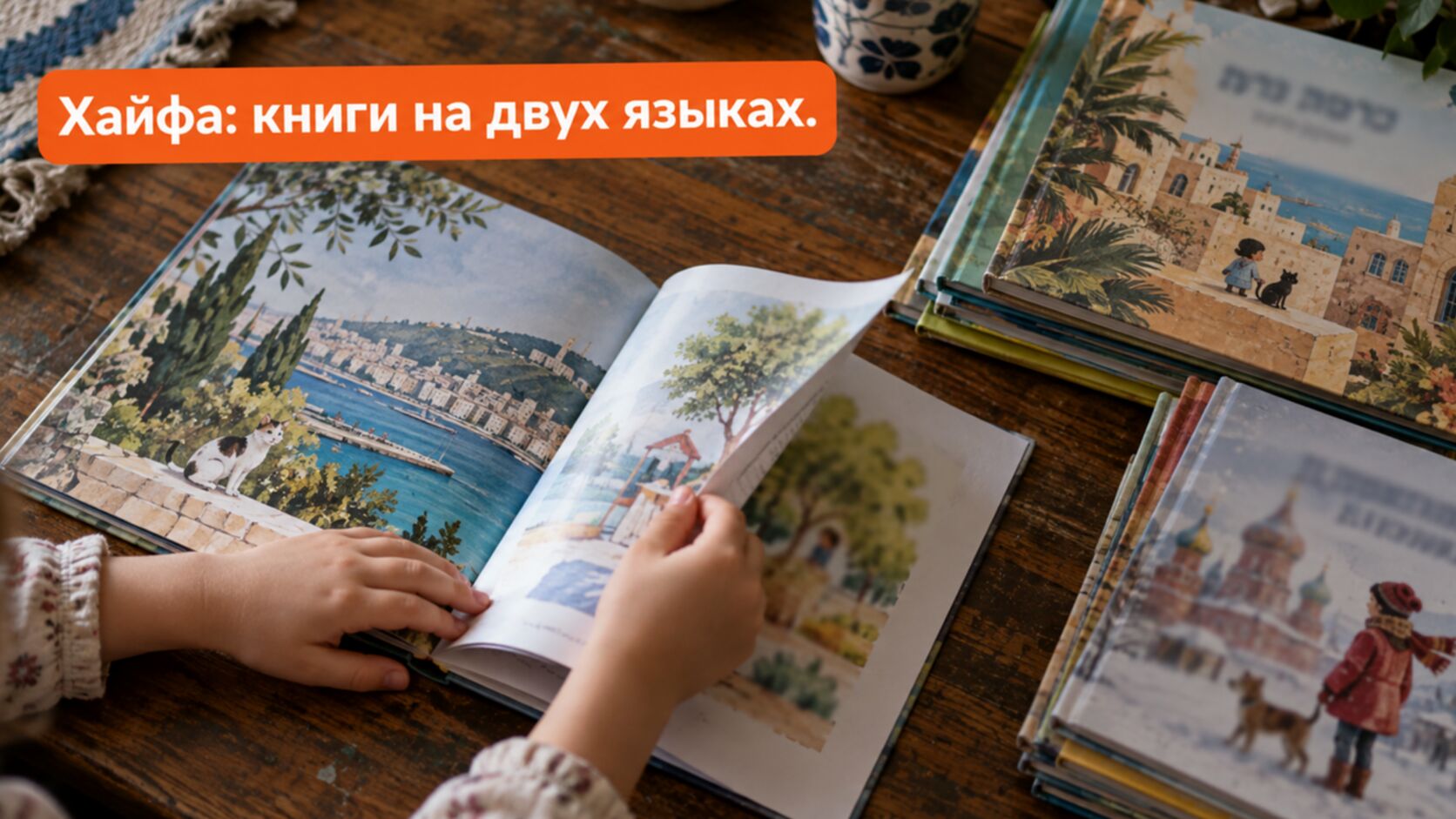 Детские книги на иврите и русском на столе