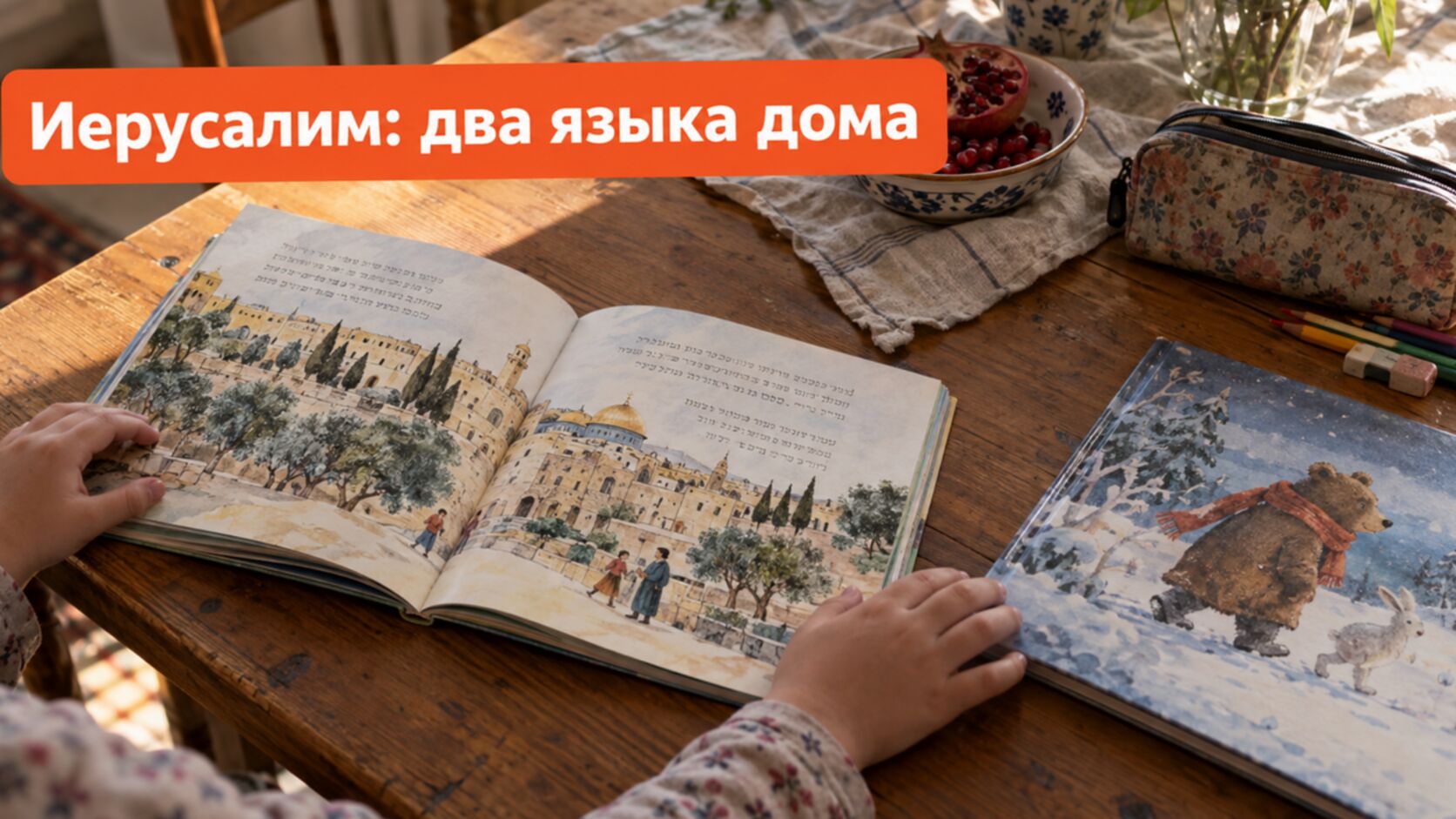 Детские книги на двух языках на столе