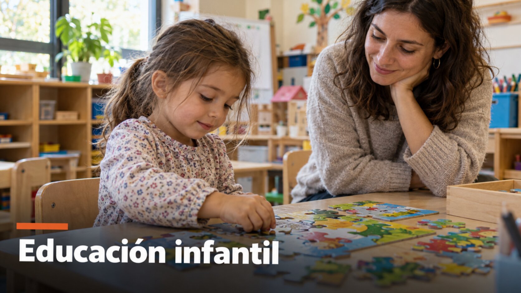 Сад в Испании: пятилетняя девочка собирает пазл в классе educación infantil