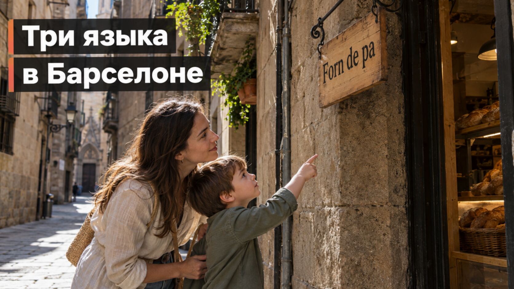Три языка в Барселоне: мама с сыном читают вывеску на каталанском