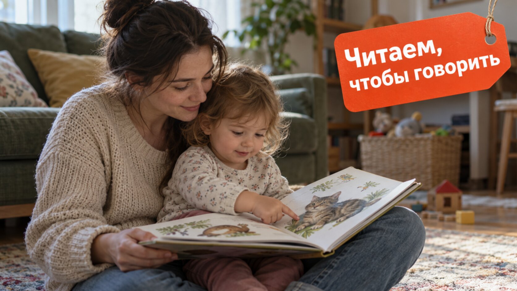 Мама читает малышу книжку с картинками и называет кота