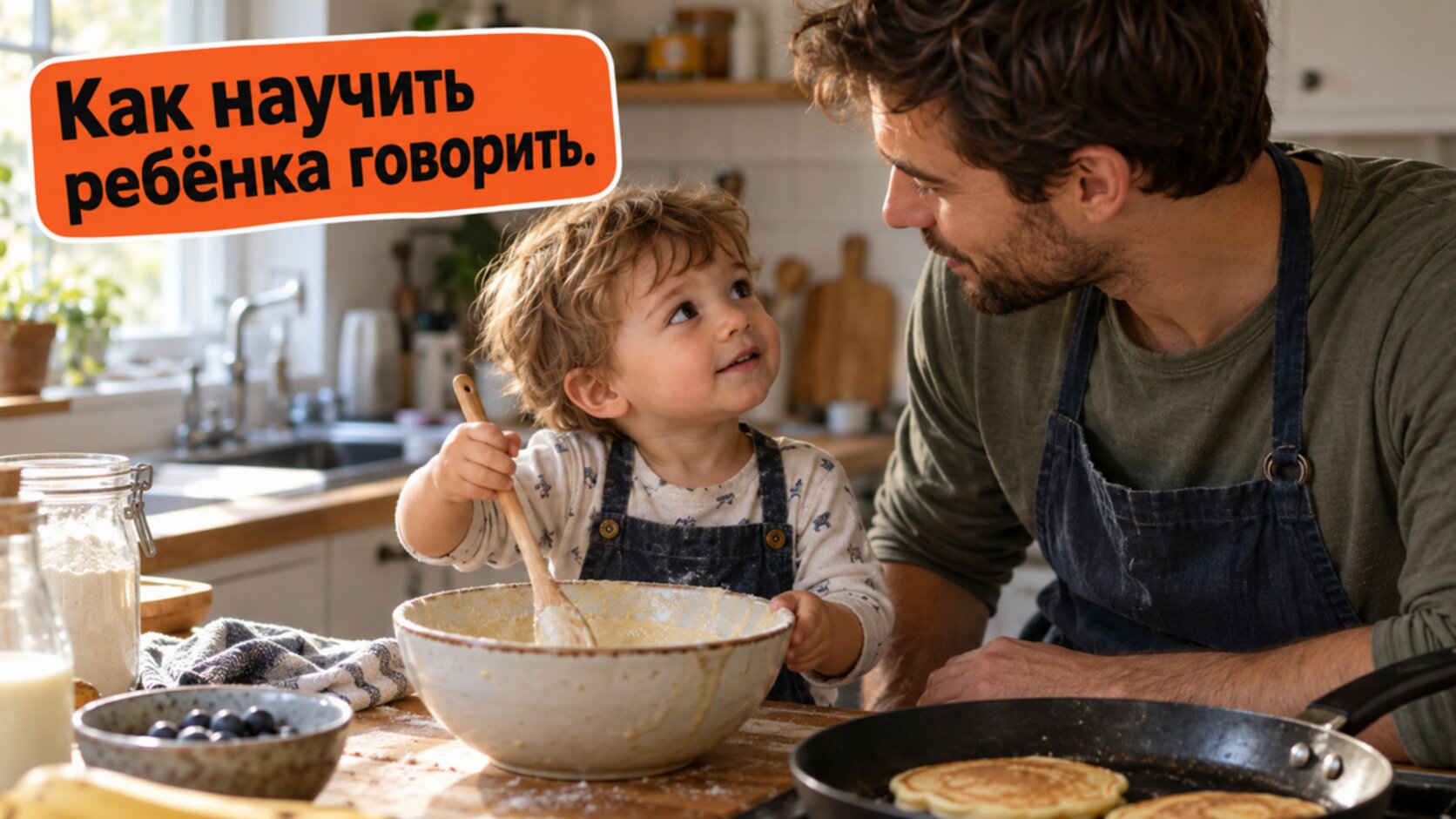 Как научить ребёнка говорить: папа комментирует готовку, малыш с ложкой