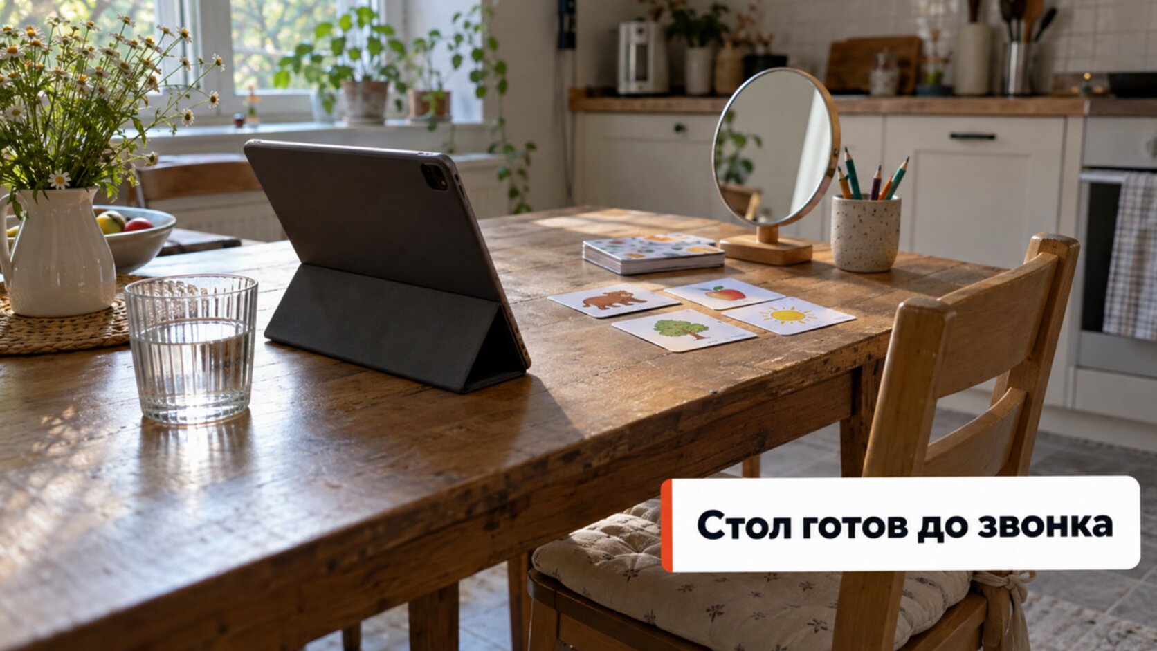 Как проходит онлайн занятие с логопедом: стол с планшетом, зеркалом и карточками перед началом