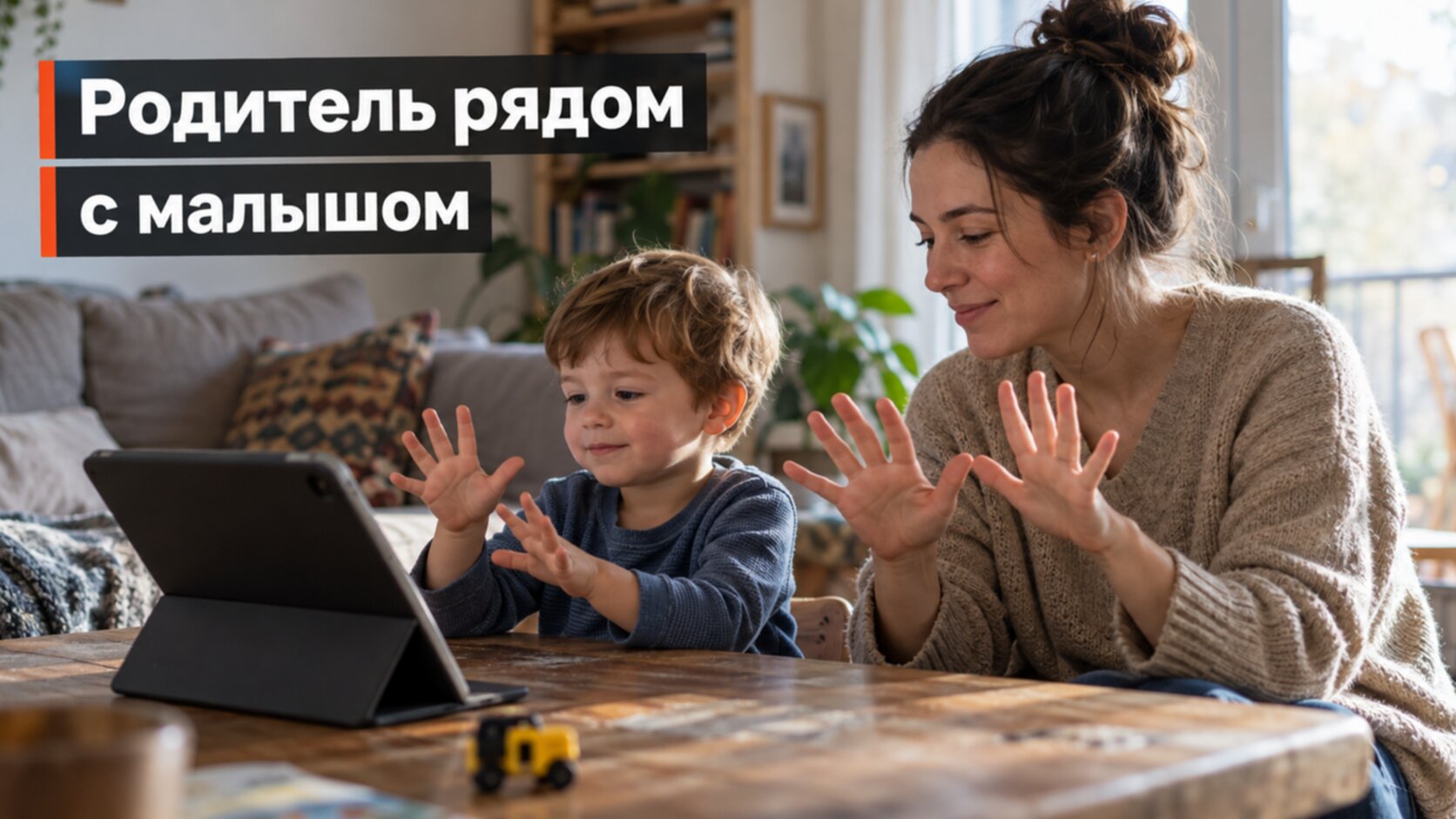Роль родителя на онлайн-занятии с логопедом: мама сидит рядом с малышом и повторяет игру за экраном