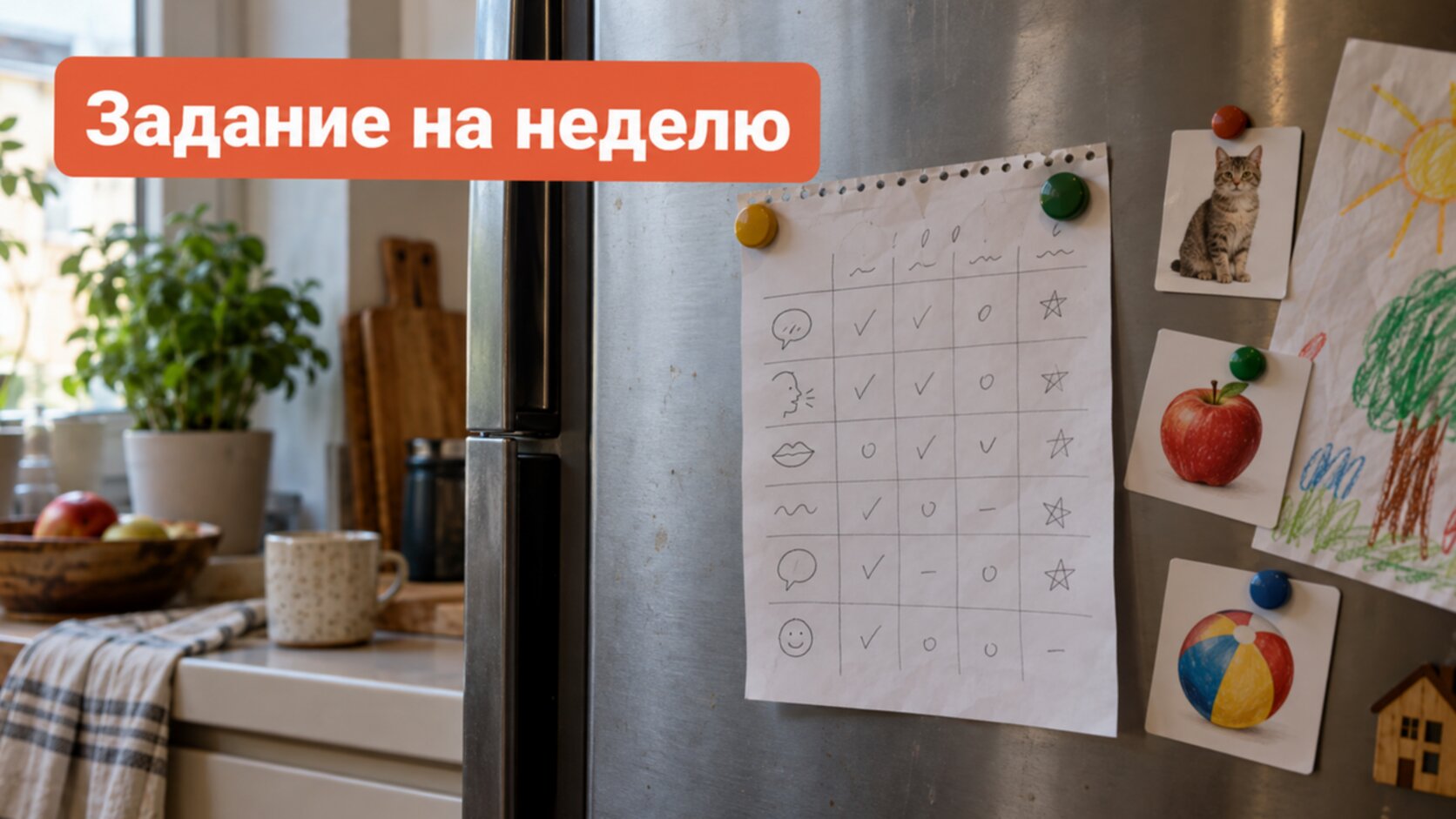 Домашнее задание после онлайн-занятия с логопедом: лист с упражнениями на холодильнике и карточки