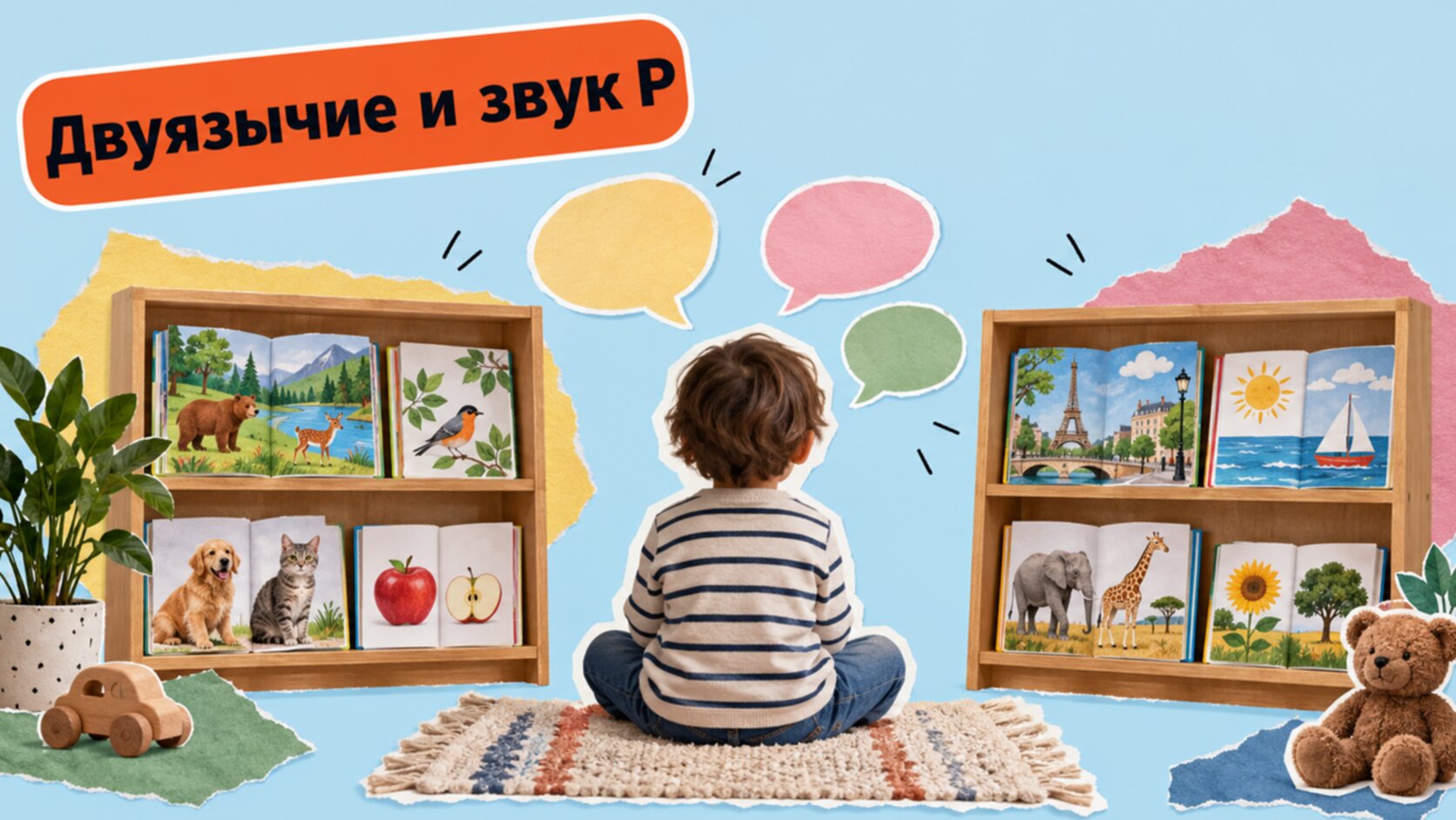 Коллаж: ребёнок между двумя детскими книжными полками, двуязычие и звук Р