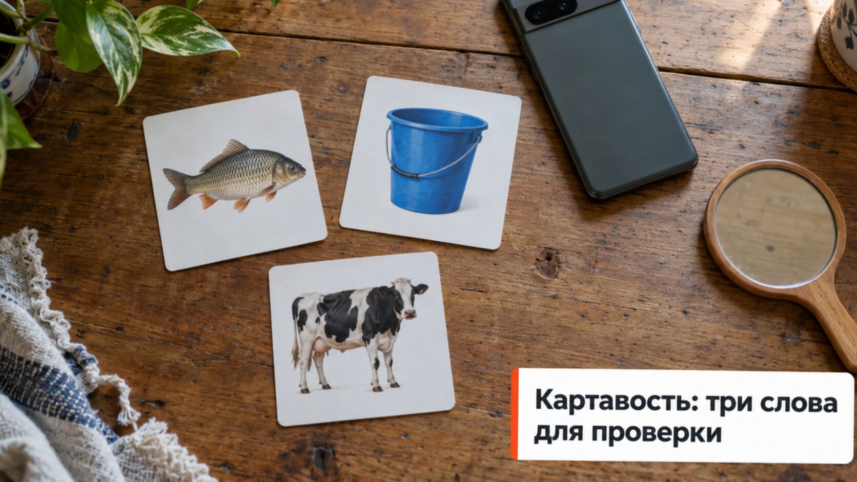 Три картинки (рыба, ведро, корова) и телефон на столе для проверки звука Р у ребёнка