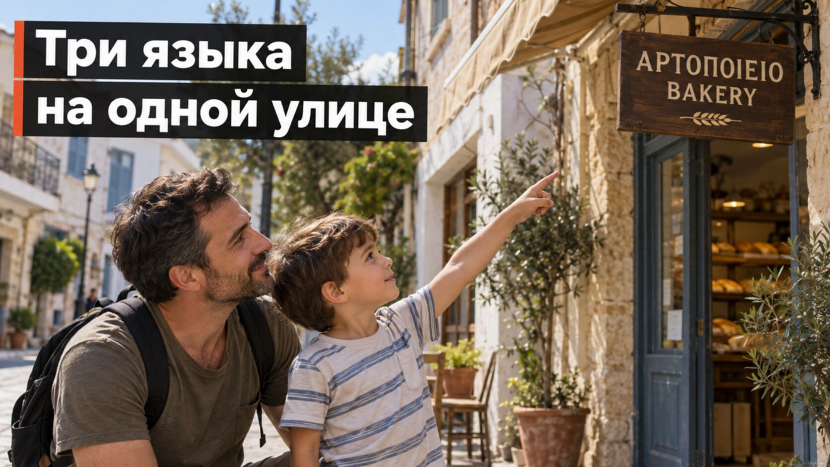 Греческий, английский и русский на Кипре: папа с сыном у вывески