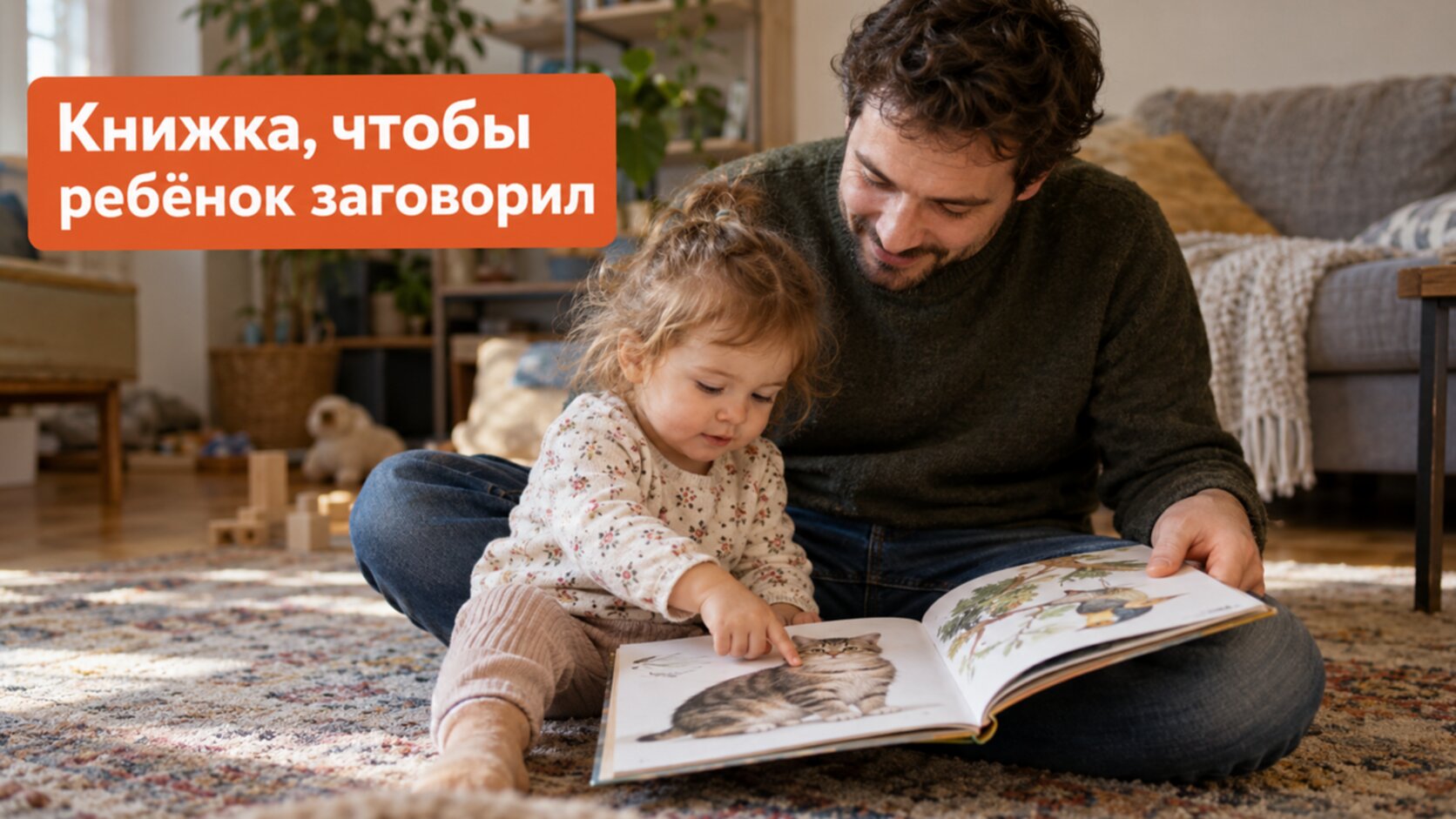 Папа читает малышу книжку с картинками, малыш показывает на кошку