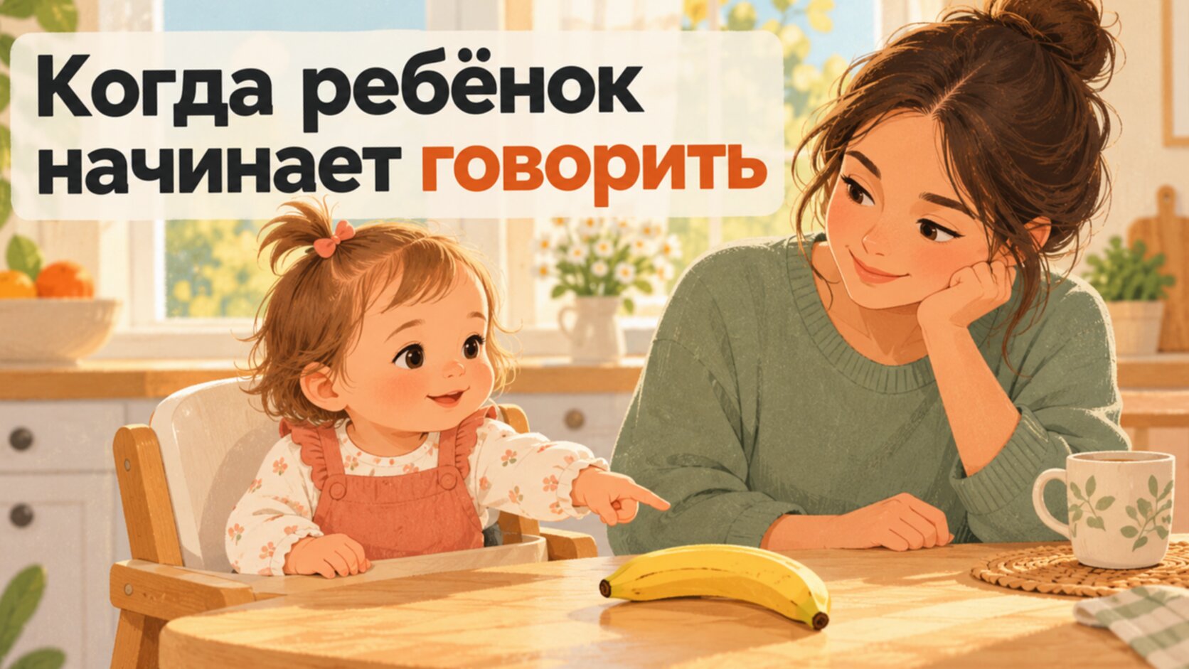 Когда ребёнок начинает говорить: малышка показывает пальцем на банан, мама рядом