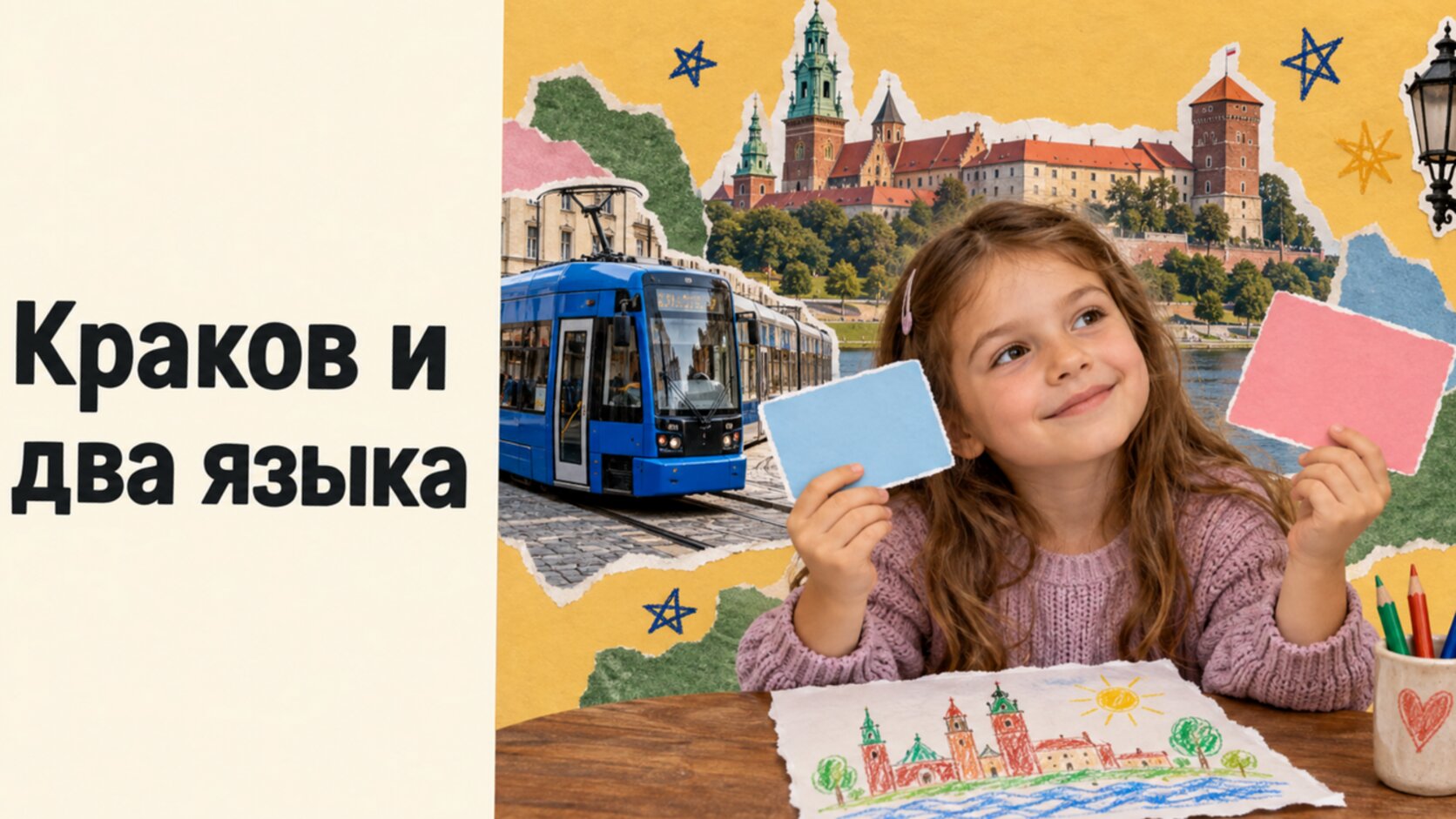 Мифы о двуязычии у переехавших в Краков детей: коллаж с карточками и трамваем