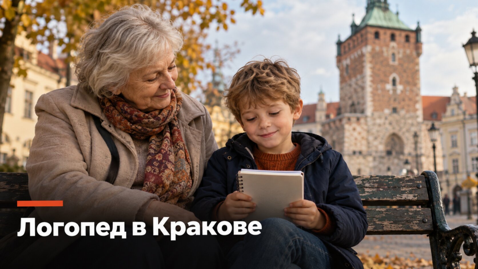 Русскоязычный логопед в Кракове: бабушка с внуком на скамейке в старом городе