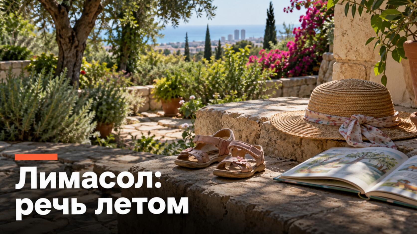 Детские сандалии и книжка на каменной ступени в летнем саду
