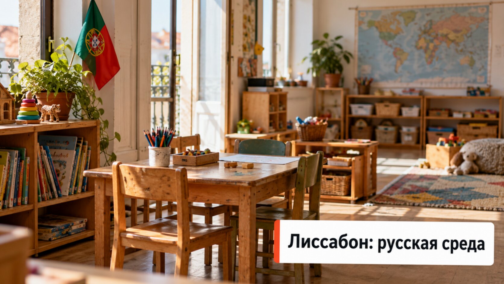 Детский класс с книжной полкой и маленькими партами