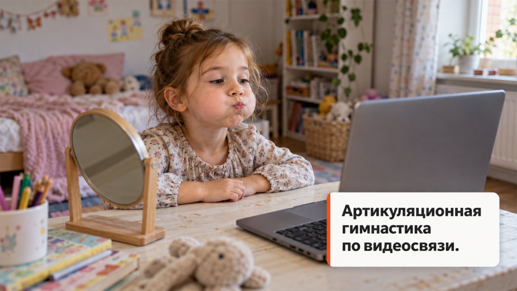 Логопед онлайн: девочка на занятии по видеосвязи делает артикуляционную гимнастику