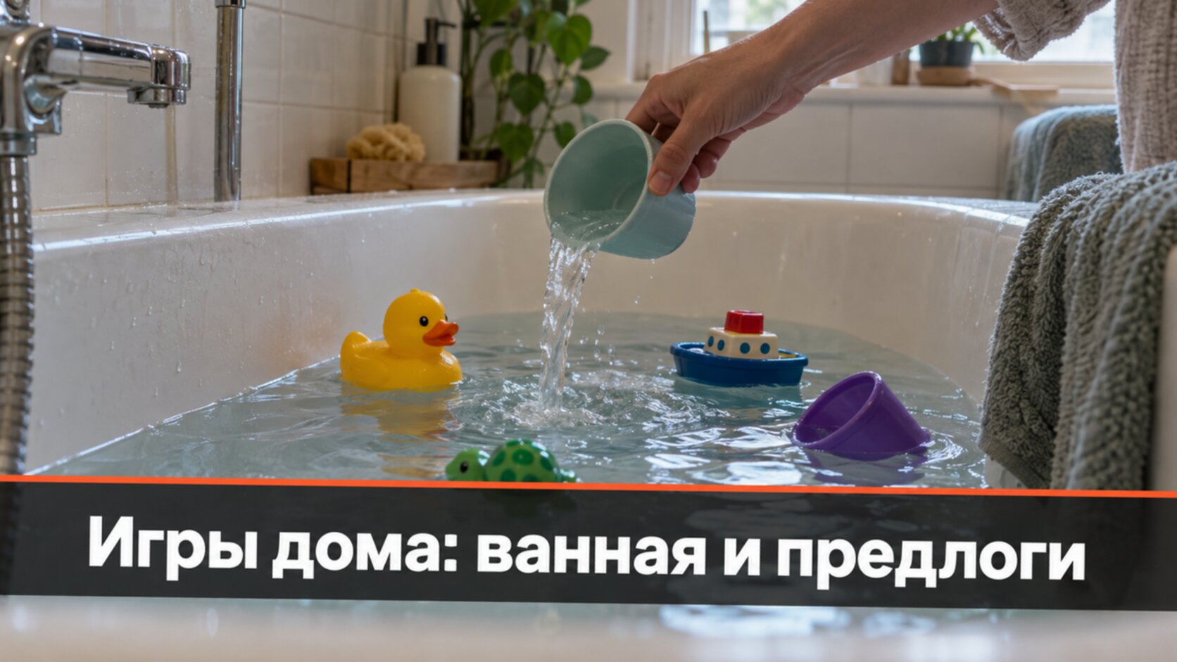 Логопедические игры дома: игрушки в ванне для игры на предлоги