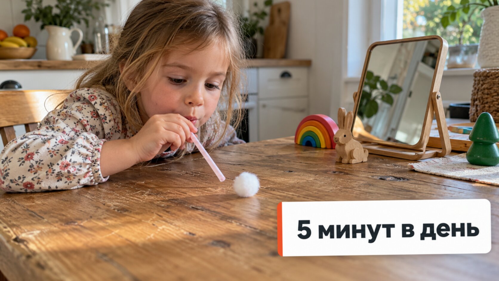 Логопедические упражнения для детей: девочка делает дыхательное упражнение с соломинкой