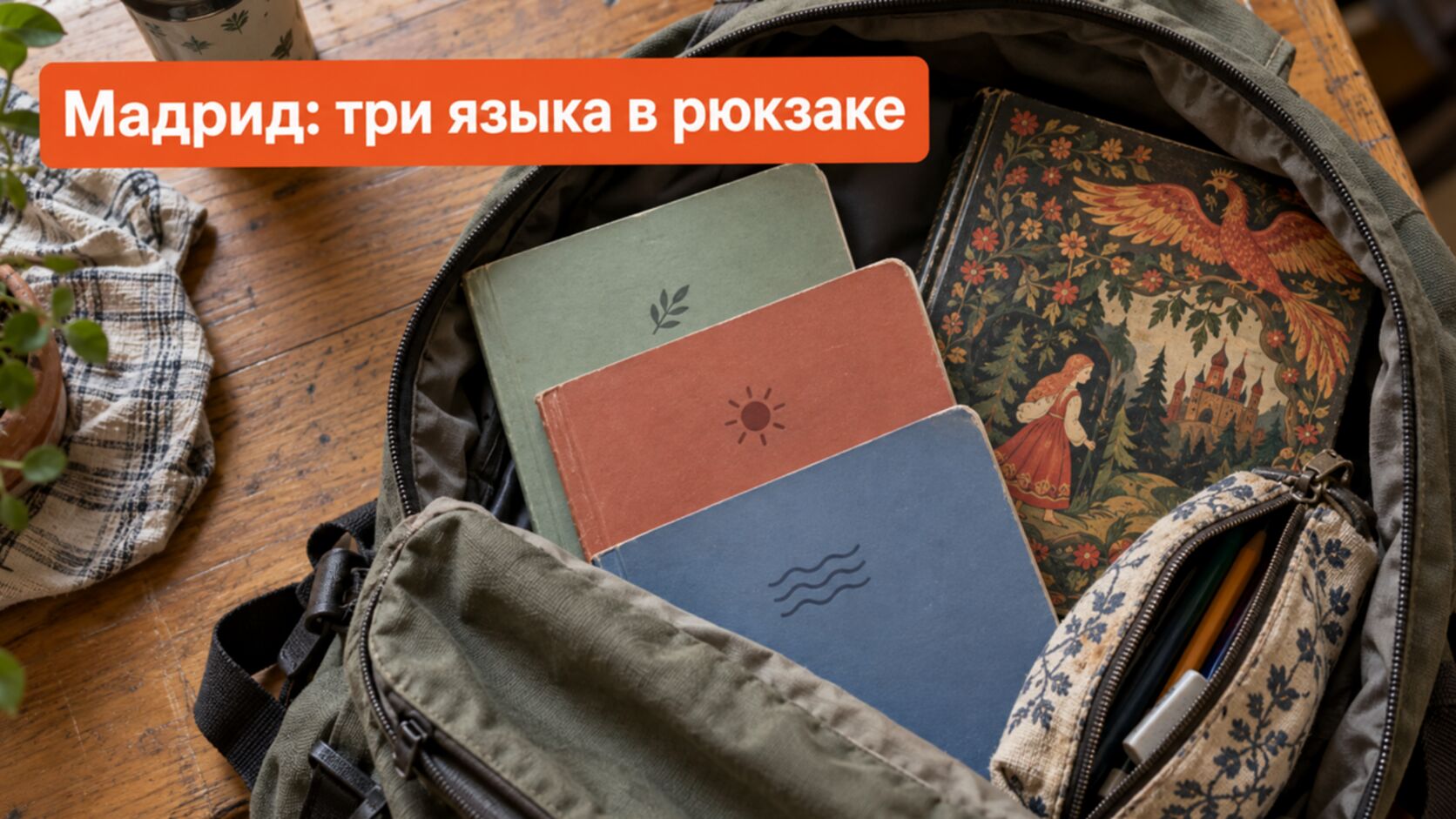 Школьный рюкзак с тетрадями и русской книжкой