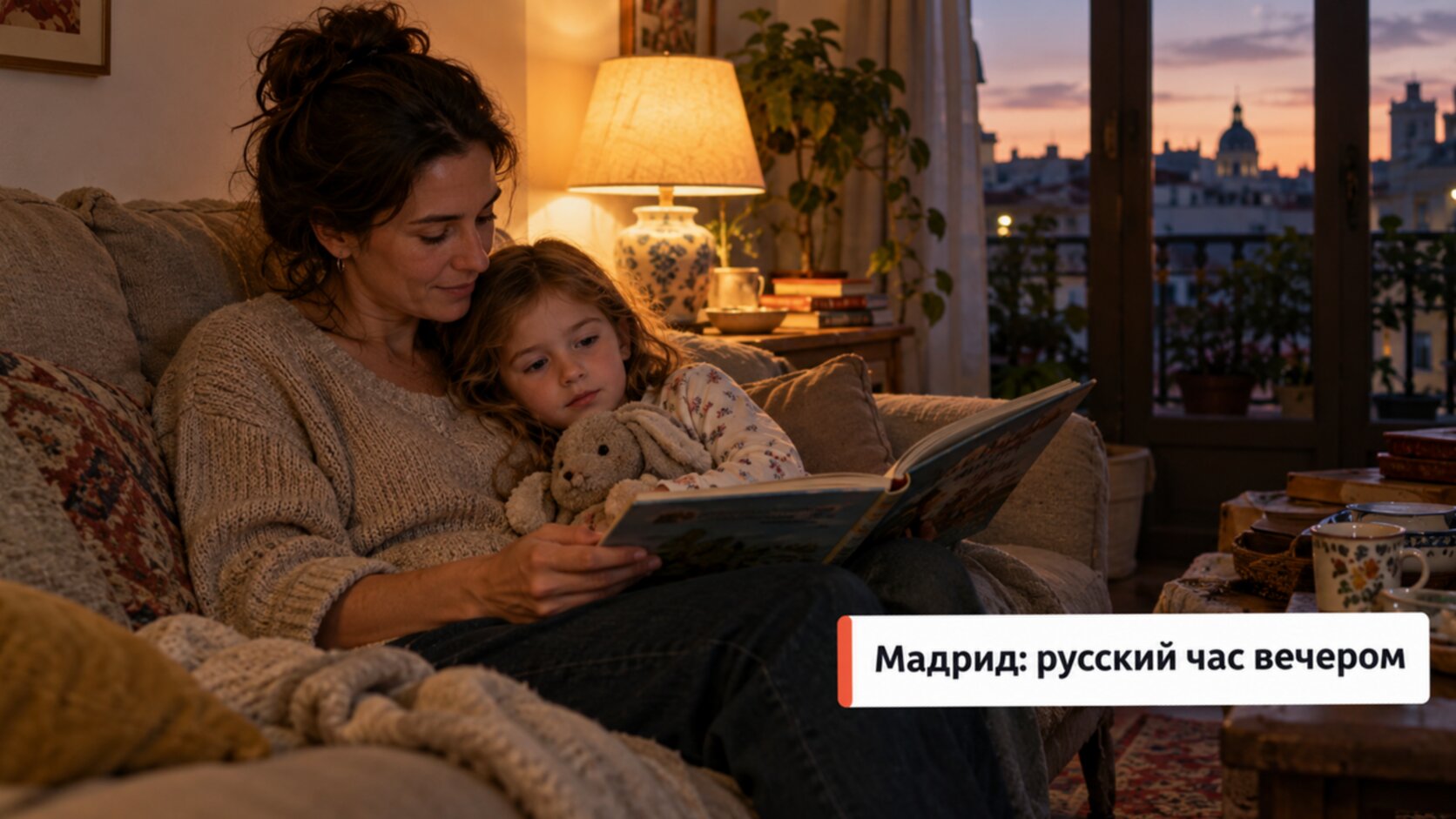 Родитель читает ребёнку русскую книжку вечером