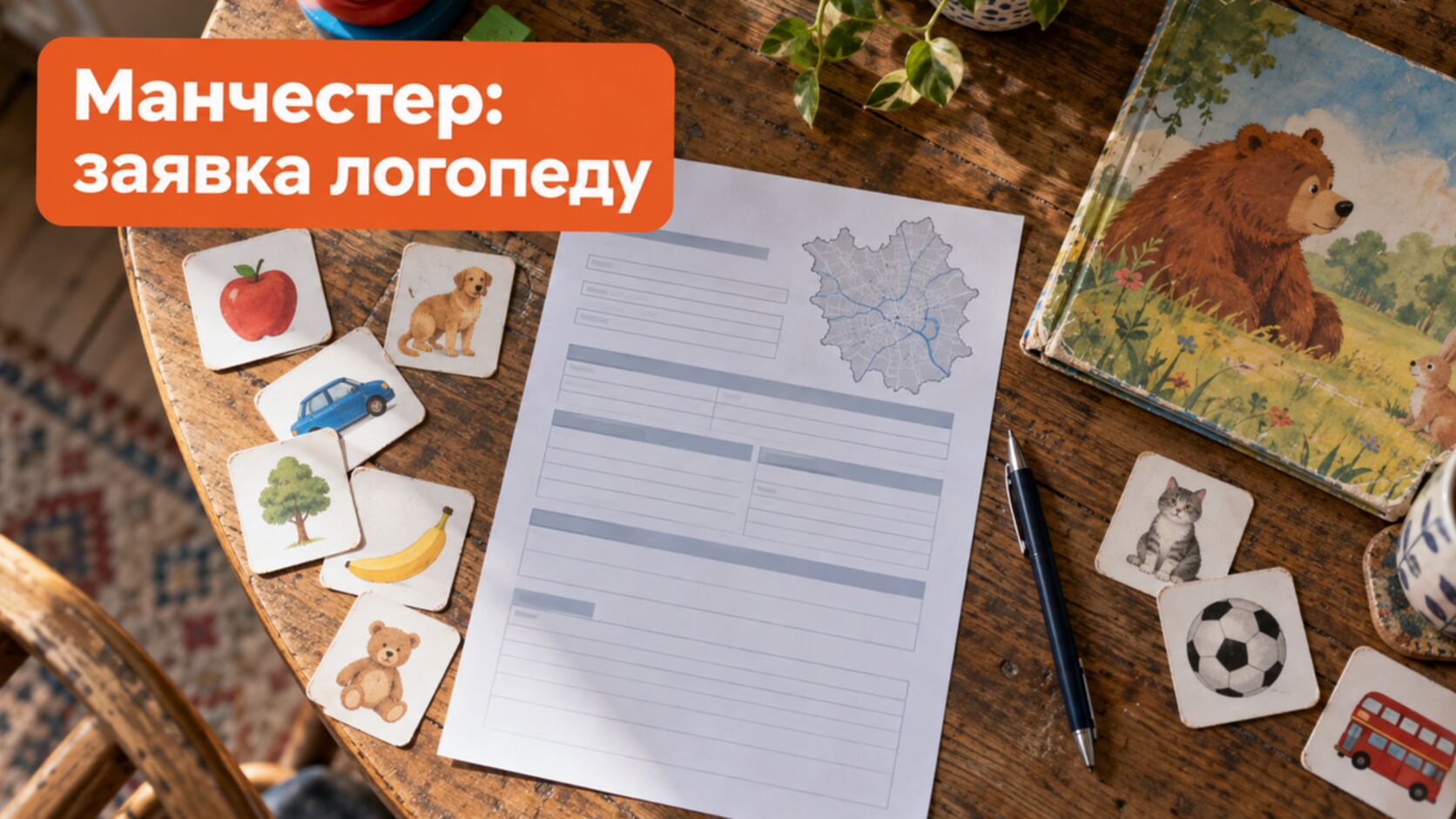 Бланк заявки, ручка и карточки на столе