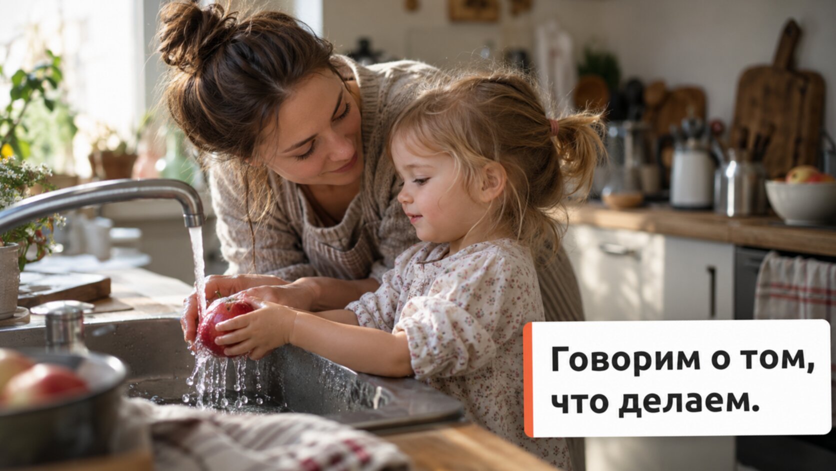 Ребёнок в 2 года не говорит: мама и дочка моют яблоко и разговаривают на кухне