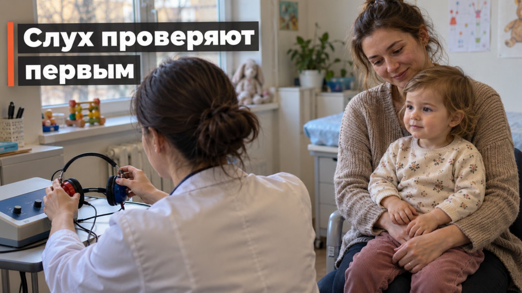Проверка слуха у малыша в детской клинике: ребёнок на коленях у мамы